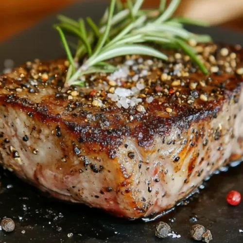 A grilled steak seasoned with peppercorns and sea salt, garnished with a sprig of rosemary, served on a black slate platter.