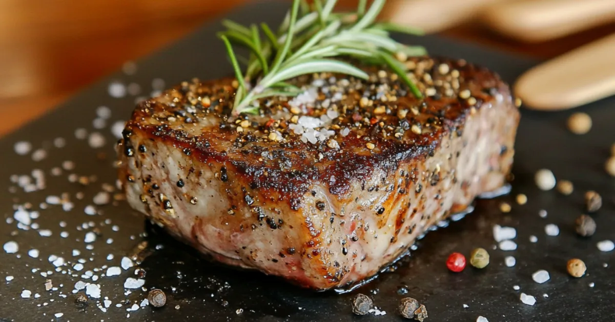 A grilled steak seasoned with peppercorns and sea salt, garnished with a sprig of rosemary, served on a black slate platter.