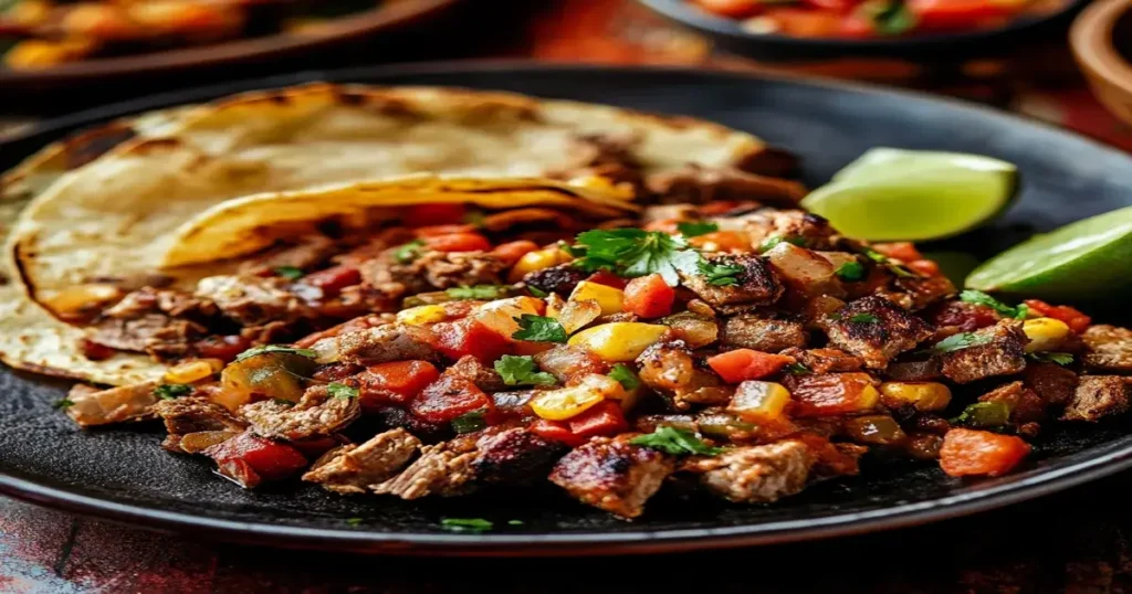 A close-up view of a traditional discada dish served with grilled tortillas, vibrant vegetables, and fresh lime wedges.