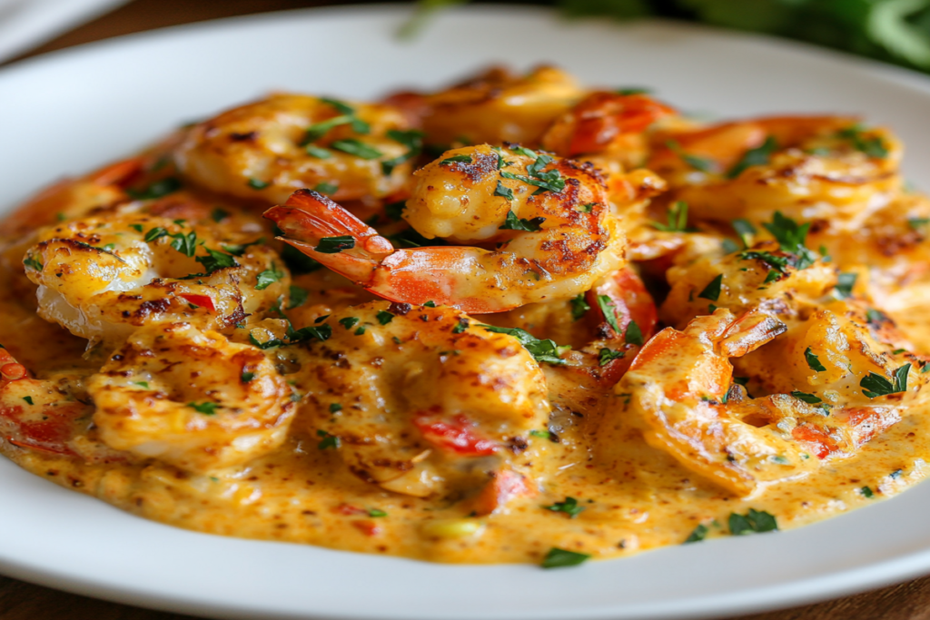 Close-up of creamy coconut shrimp garnished with fresh herbs in a black bowl.