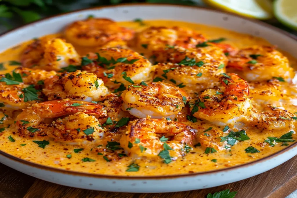 Plate of creamy coconut shrimp garnished with fresh parsley in a light sauce.