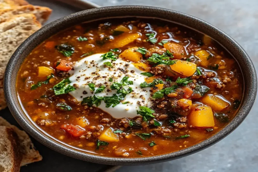 A bowl of hearty taco soup frios topped with shredded cheese, sour cream, chopped cilantro, and tortilla chips, served on a wooden table.