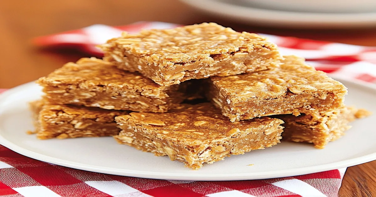 Delicious ANZAC Slice made with oats, coconut, and golden syrup, cut into squares and ready to serve.