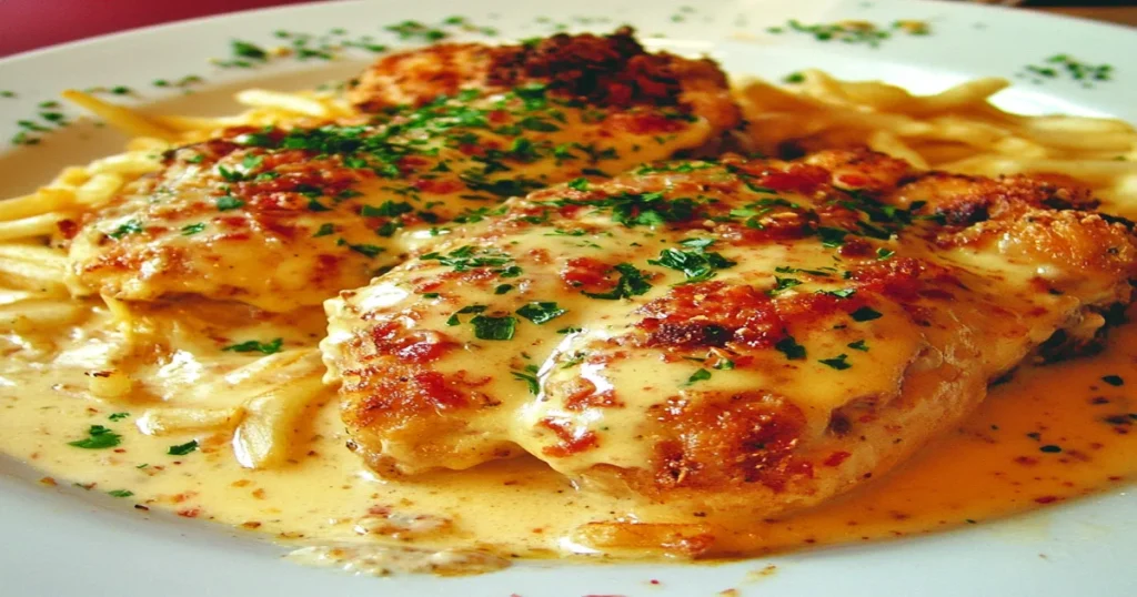 A plate of Chicken Maryland served with a creamy sauce, garnished with fresh herbs, and accompanied by crispy fries.