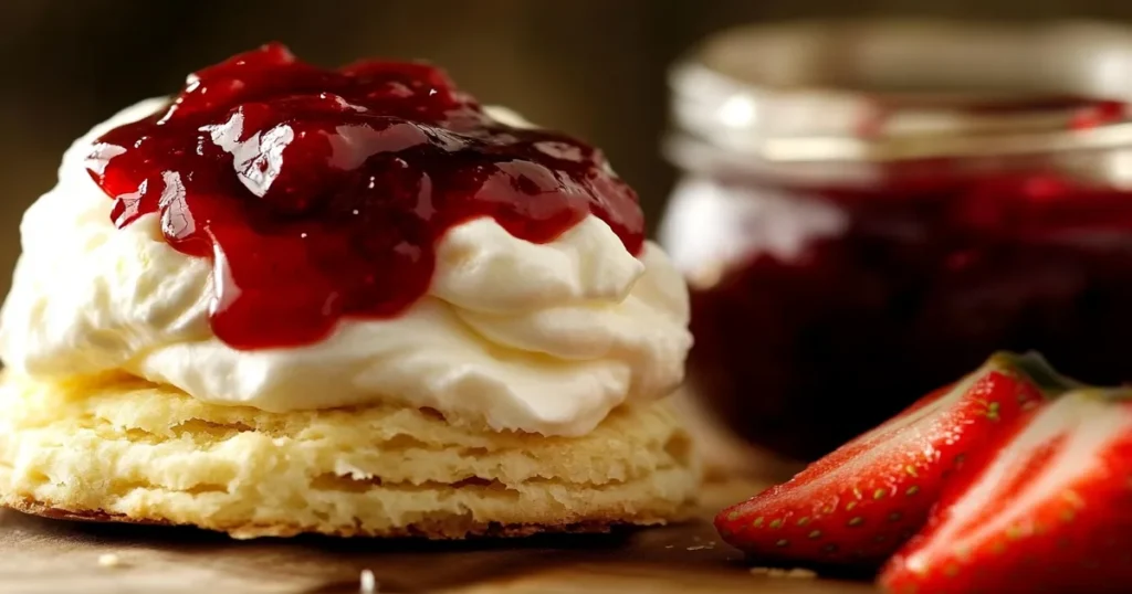 freshly baked scone topped with whipped cream and strawberry jam, accompanied by sliced strawberries and a jar of jam in the background