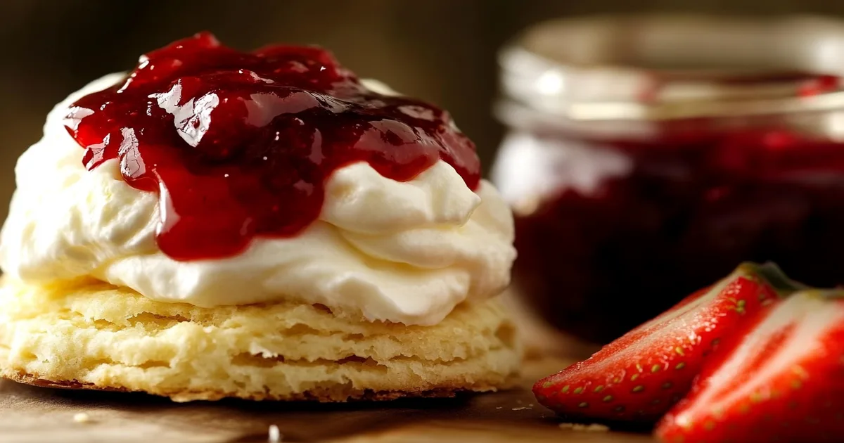 freshly baked scone topped with whipped cream and strawberry jam, accompanied by sliced strawberries and a jar of jam in the background