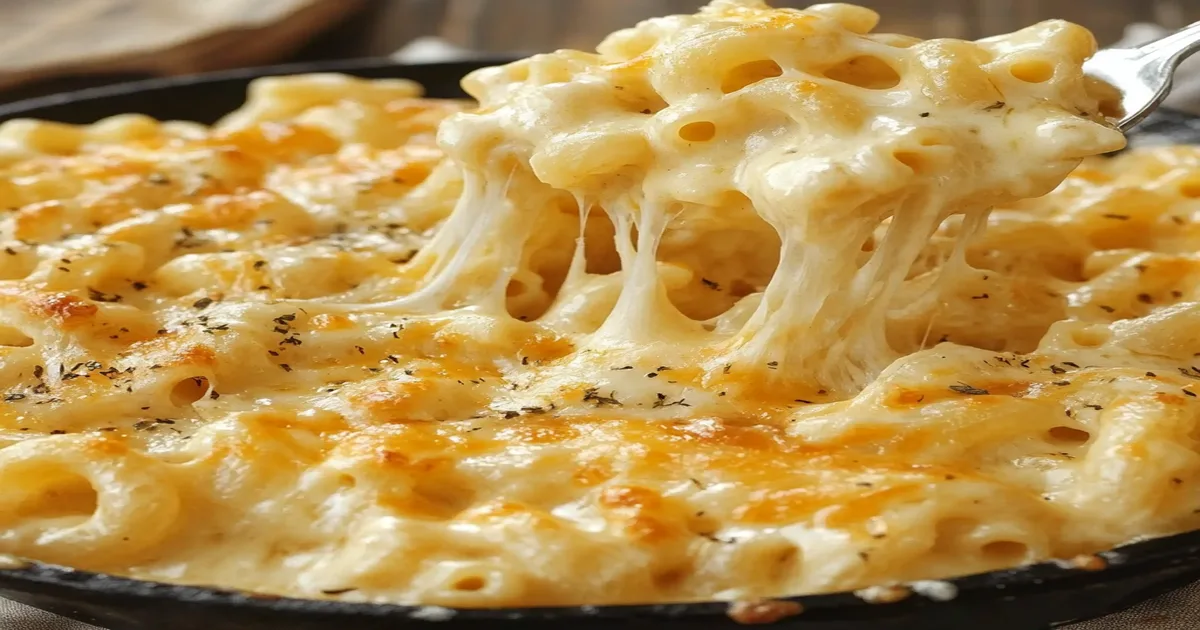 A close-up of creamy, cheesy baked mac and cheese with golden, melted cheese and herbs on top.