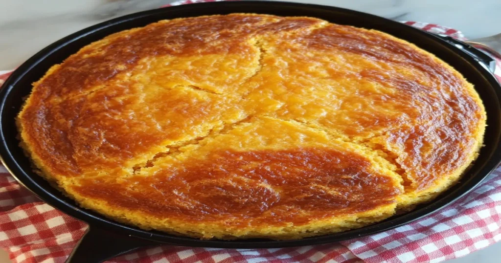 A golden-brown Southern cornbread baked in a cast iron skillet, sitting on a red and white checkered cloth.