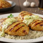 Grilled garlic butter chicken served over rice, garnished with fresh parsley and creamy butter sauce.