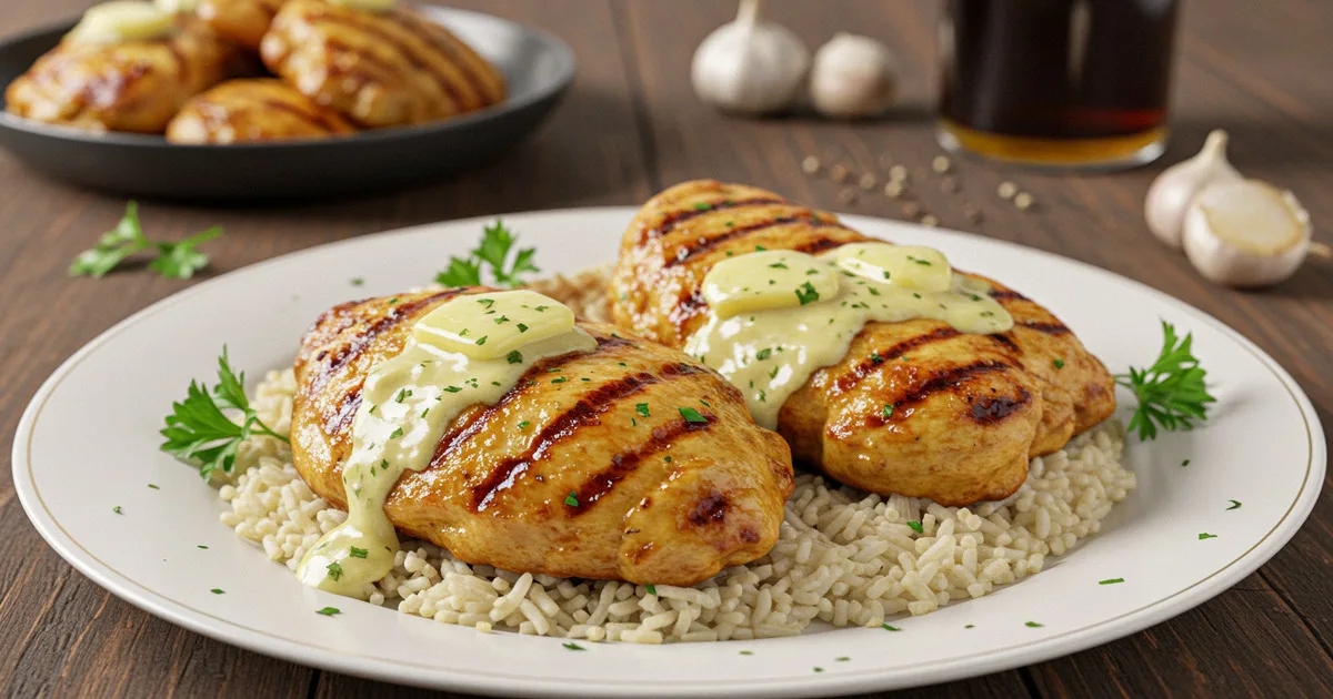 Grilled garlic butter chicken served over rice, garnished with fresh parsley and creamy butter sauce.