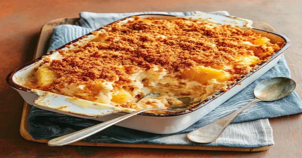 A freshly baked pineapple casserole topped with a golden Ritz cracker crust, served in a white baking dish with a spoon.