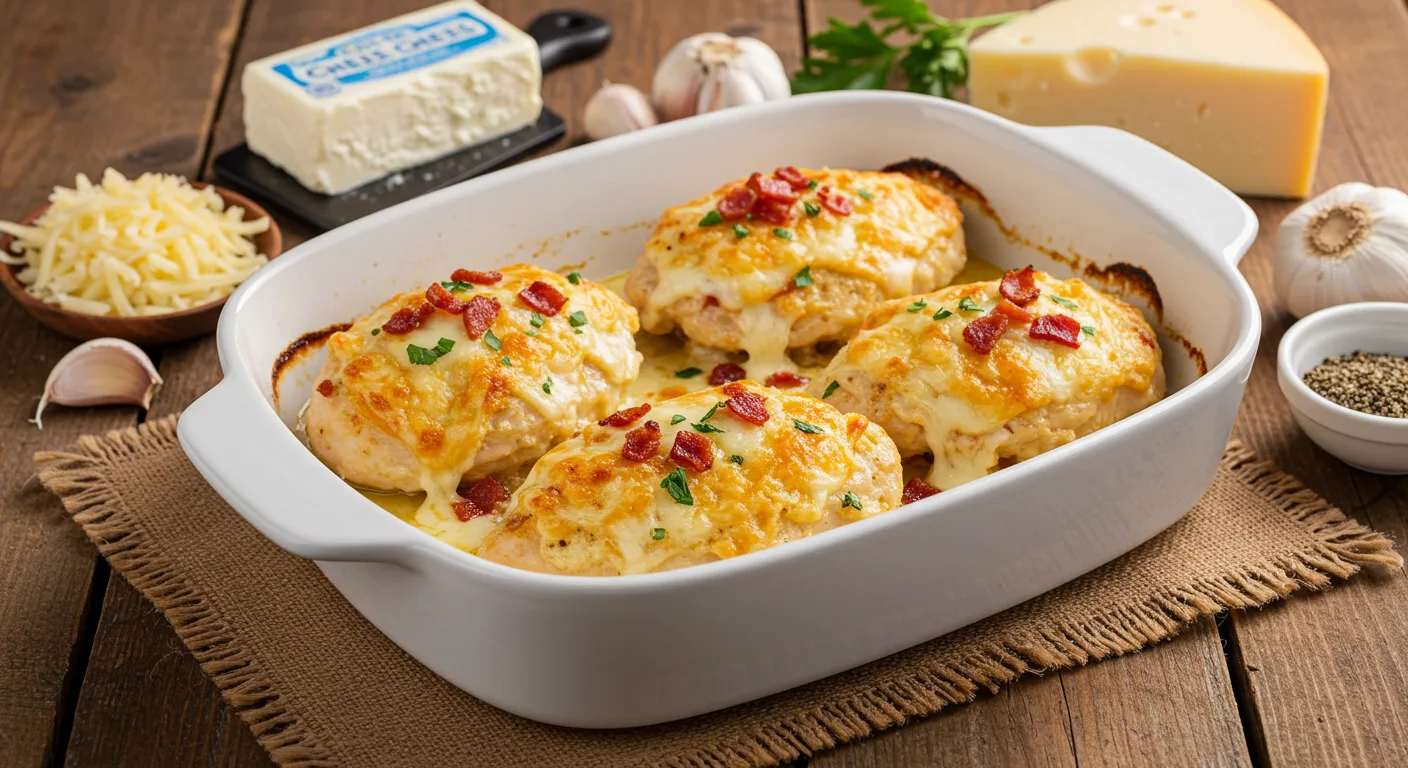 A white baking dish filled with baked cream cheese chicken topped with melted cheese, crispy bacon bits, and fresh herbs, placed on a rustic wooden table.