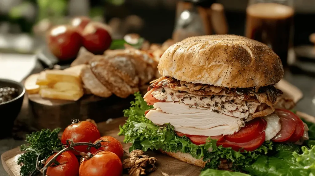 A gourmet turkey and Swiss cheese sandwich with fresh lettuce, tomatoes, and crispy bacon on a poppy seed bun.