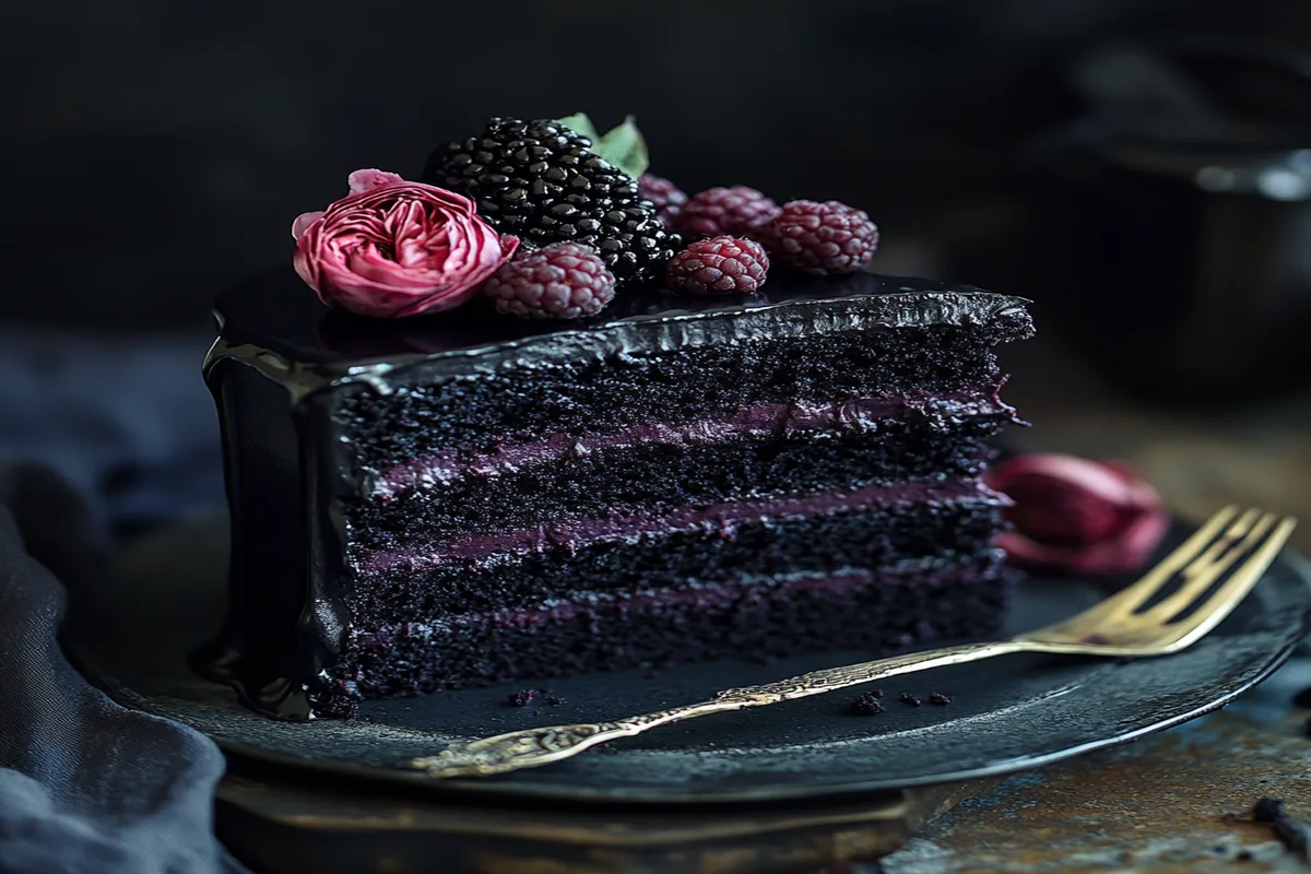 A rich and moist Black Velvet Cake with dark chocolate layers, smooth vegan frosting, and fresh blackberries on top, presented on a black plate.