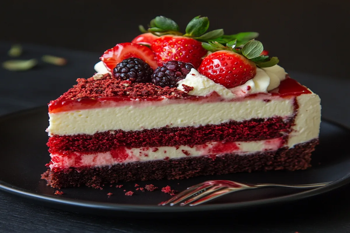 A decadent slice of Red Velvet Strawberry Cheesecake topped with fresh strawberries, blackberries, whipped cream, and a vibrant strawberry glaze.