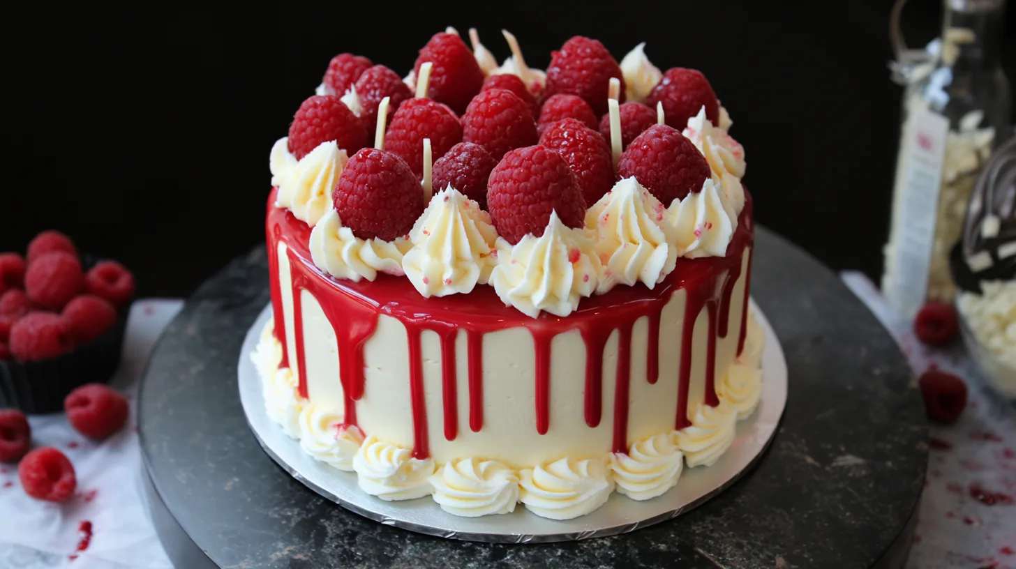 A white chocolate raspberry cake with vanilla sponge, creamy frosting, and fresh raspberries.