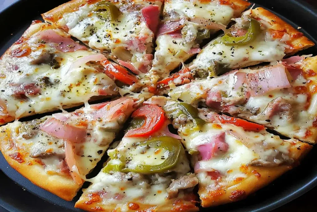 Cuban pizza sliced on a black tray with melted cheese, sausage, onions, and bell peppers