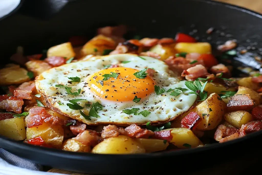 Skillet filled with crispy bacon, golden potatoes, and a sunny-side-up egg garnished with fresh herbs.