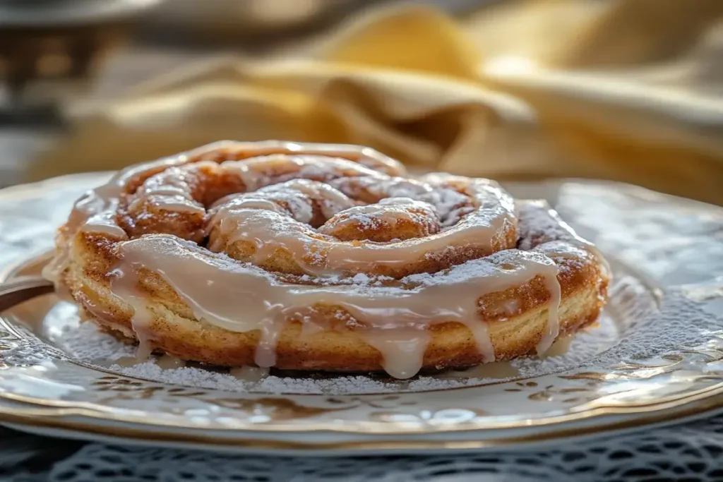 Close-up of a homemade cinnamon roll topped with creamy icing, sitting on a wooden board.