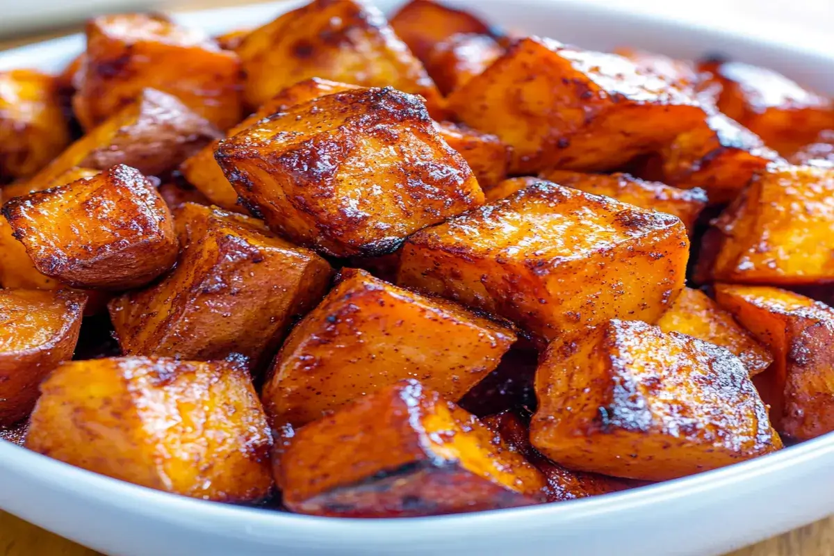 Honey roasted sweet potato cubes glistening with caramelized edges in a white serving bowl.