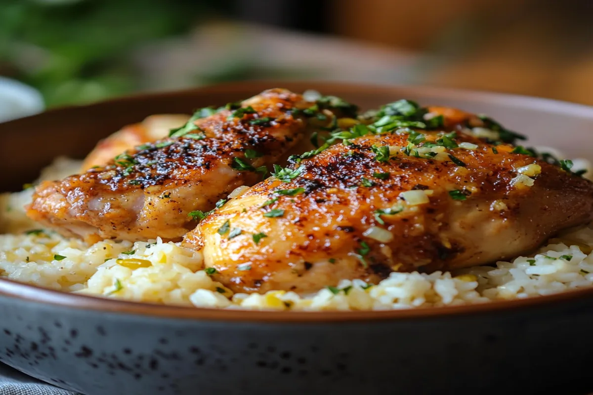 Smothered chicken thighs served over fluffy white rice, garnished with fresh herbs in a rustic bowl.