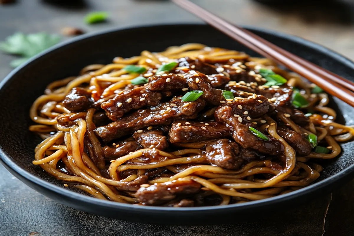 Sticky beef noodles topped with red chili and green onions in a ceramic bowl