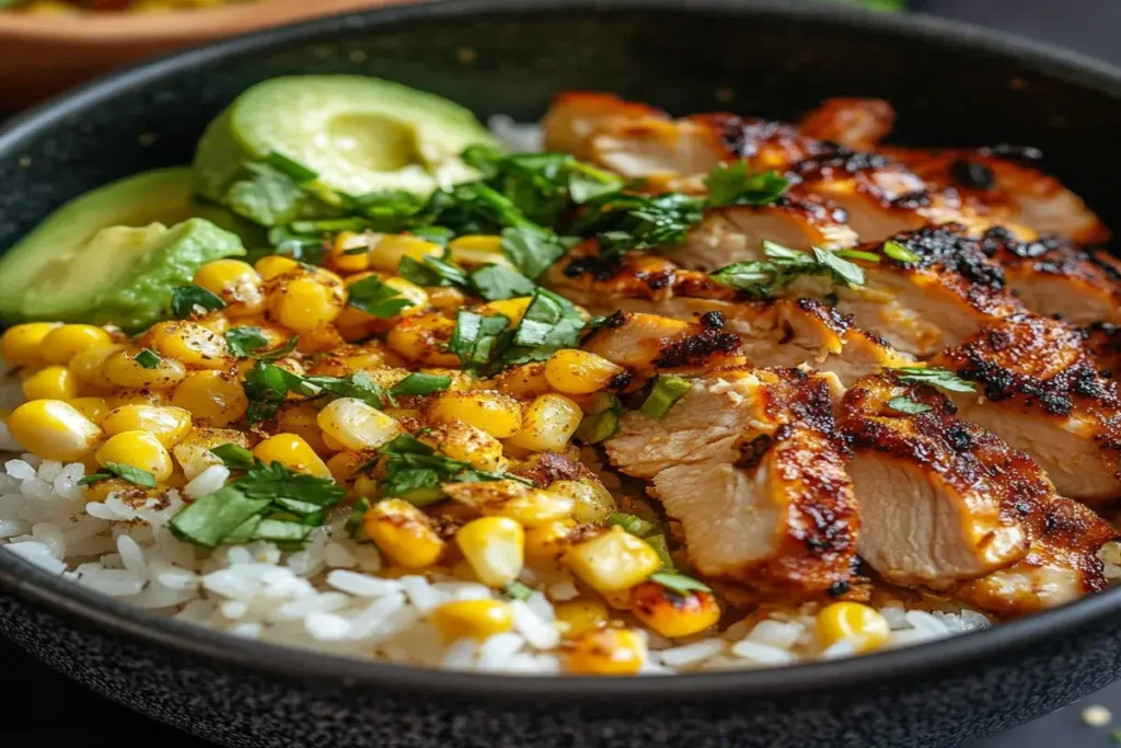 Grilled chicken rice bowl with seasoned corn, avocado slices, and fresh herbs on a bed of white rice.