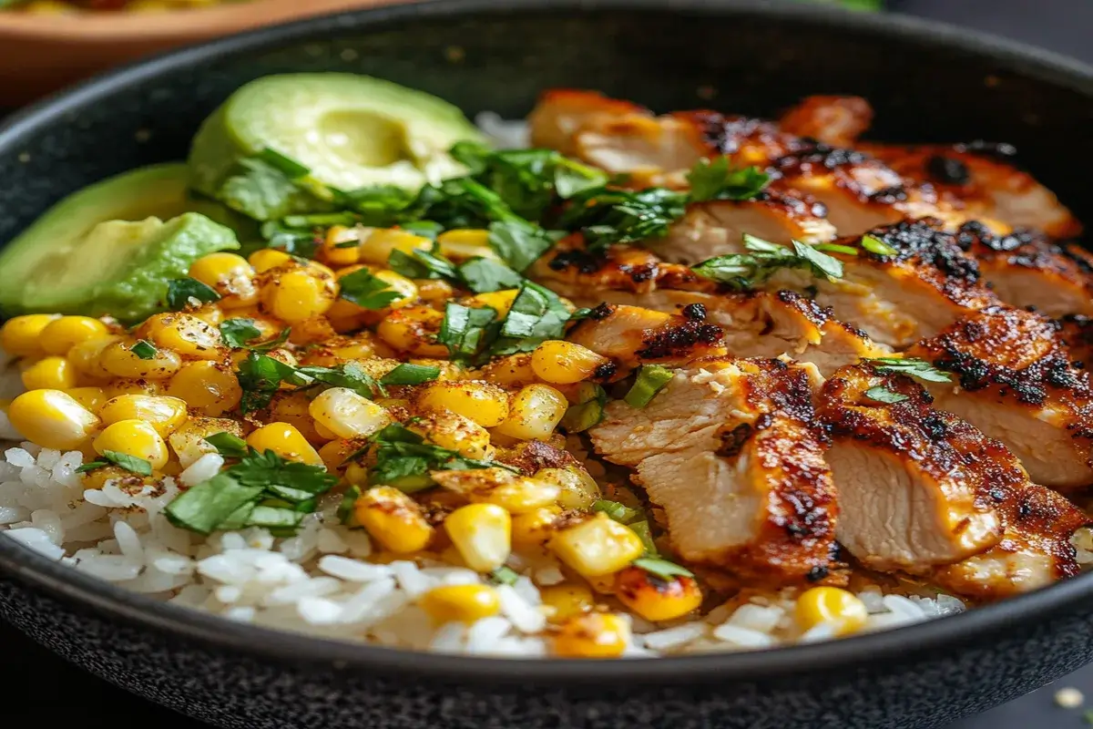 Grilled chicken rice bowl with seasoned corn, avocado slices, and fresh herbs on a bed of white rice.