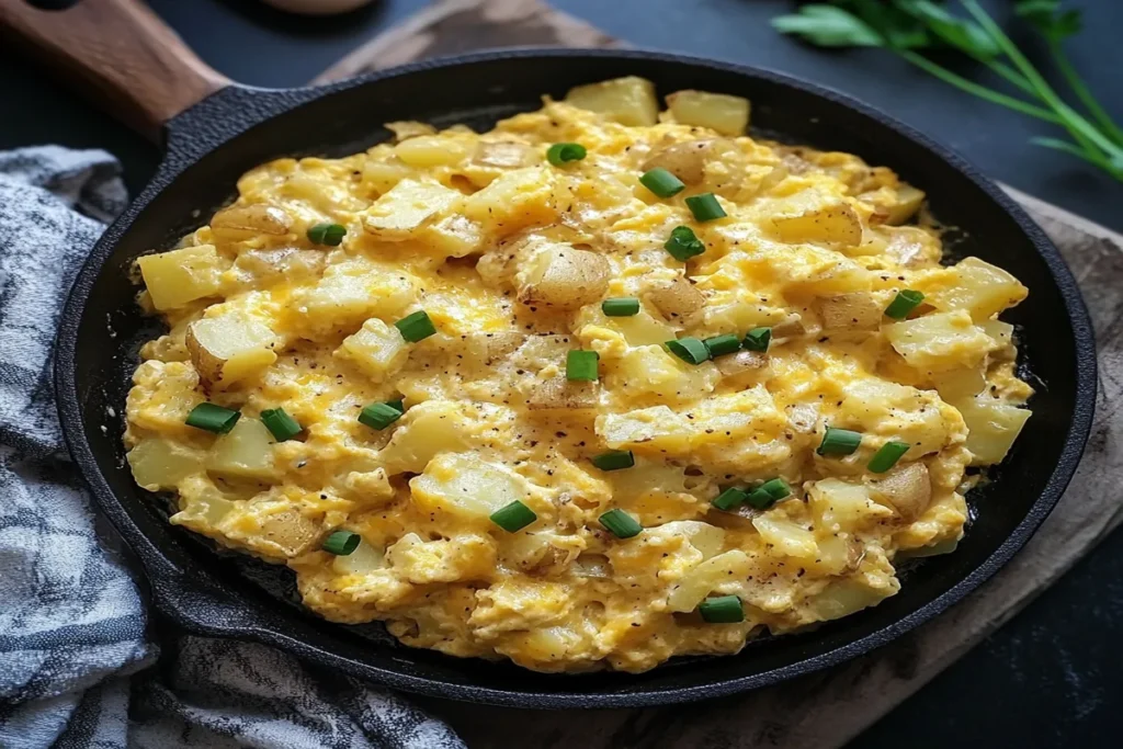 Cheesy scrambled eggs with diced potatoes and chopped green onions in a cast iron skillet.