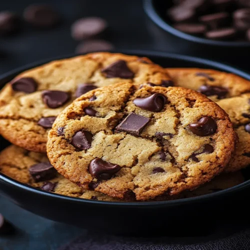 Freshly baked classic chocolate chip cookies in a black bowl on a dark background