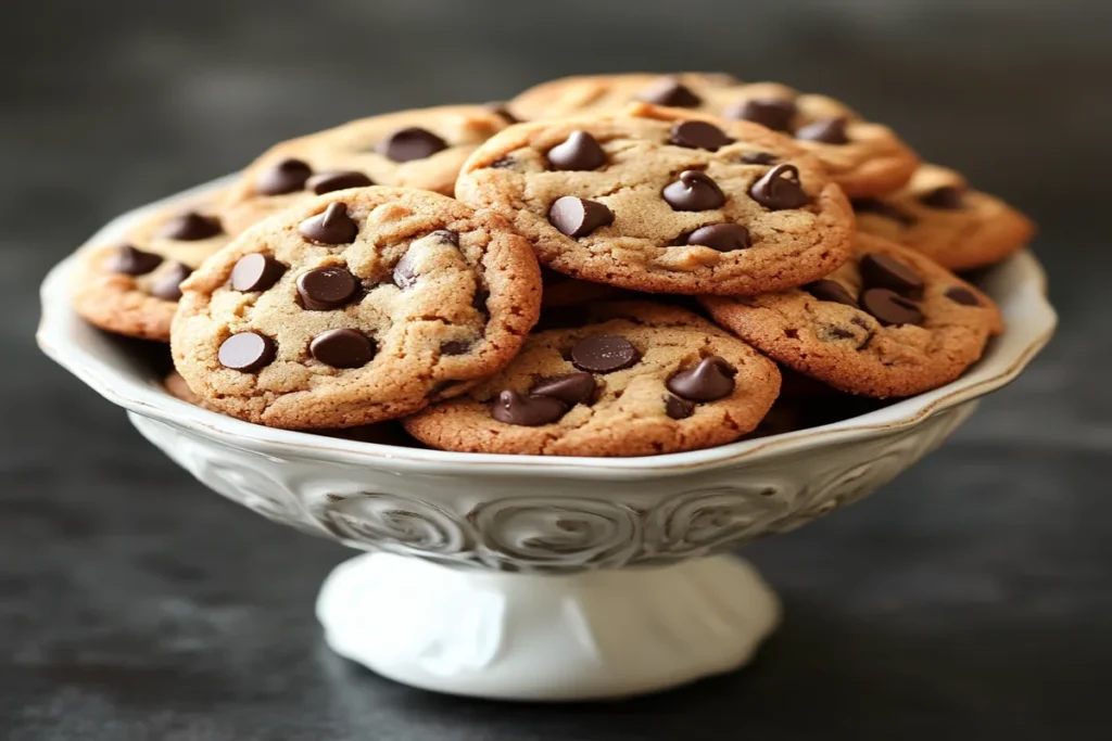 Homemade chocolate chip cookies stacked in an elegant white ceramic dessert bowl