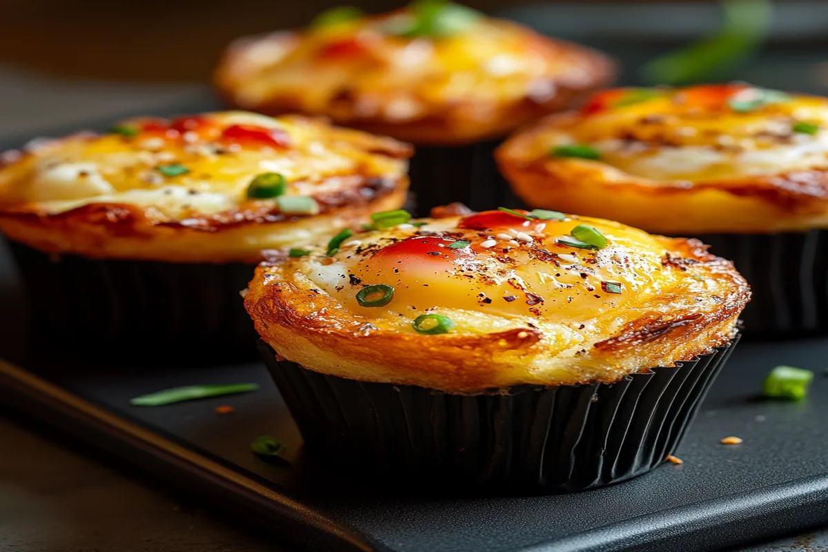 Freshly baked keto egg muffins topped with chopped green onions and chili flakes, served in black cupcake liners on a dark tray.