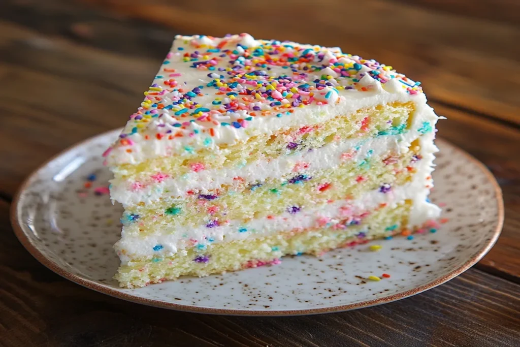 A slice of funfetti cake with layers of vanilla sponge, white frosting, and colorful sprinkles, served on a speckled ceramic plate.