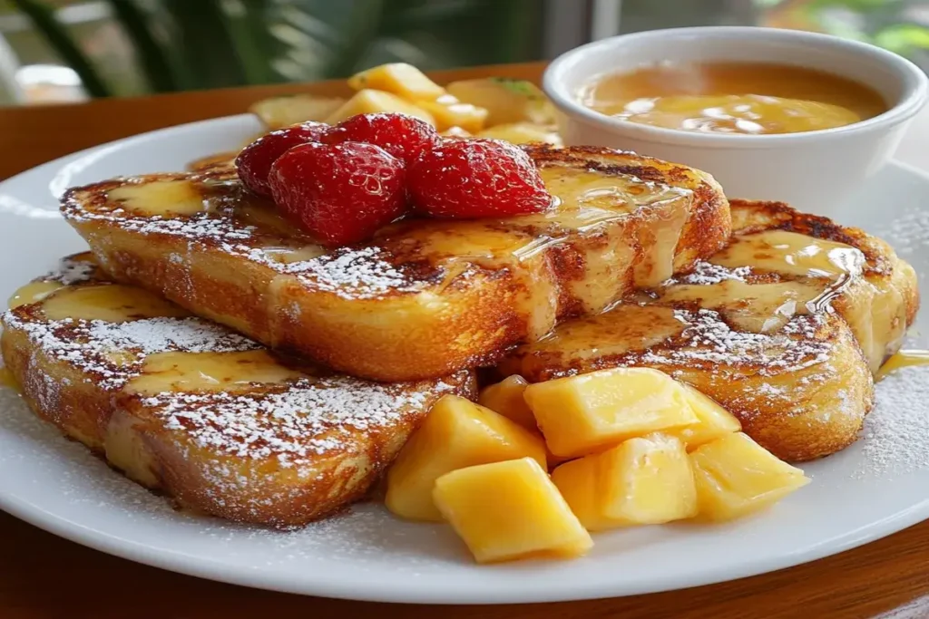 Golden Hawaiian roll French toast topped with strawberries, powdered sugar, and syrup, served with fresh mango and dipping sauce.