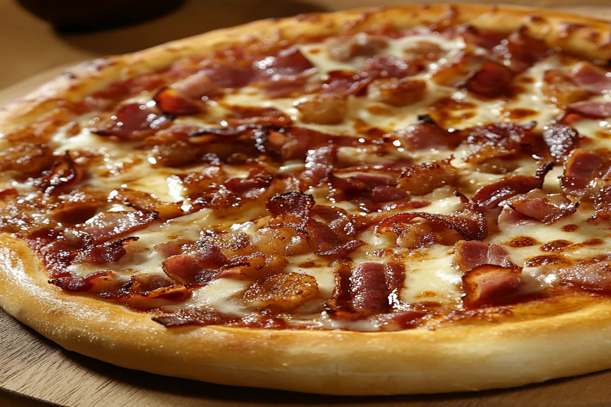 Close-up of a homemade barbecue bacon pizza topped with crispy bacon, melted cheese, and tangy BBQ sauce on a golden-brown crust.