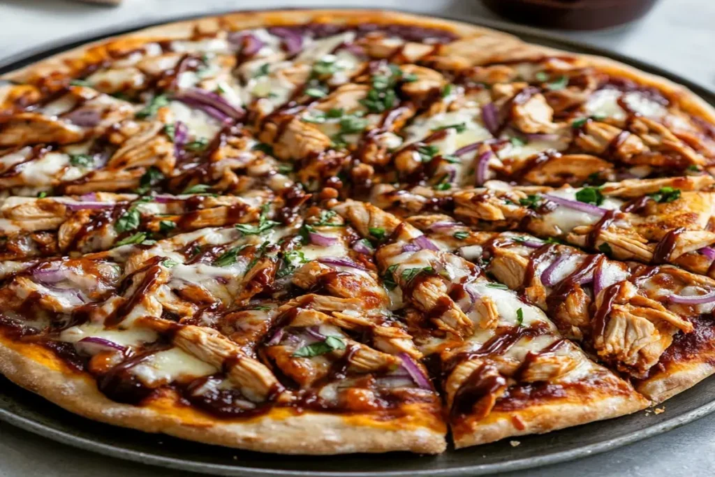 Barbeque chicken pizza topped with grilled chicken, red onions, melted cheese, and fresh herbs on a crispy crust.