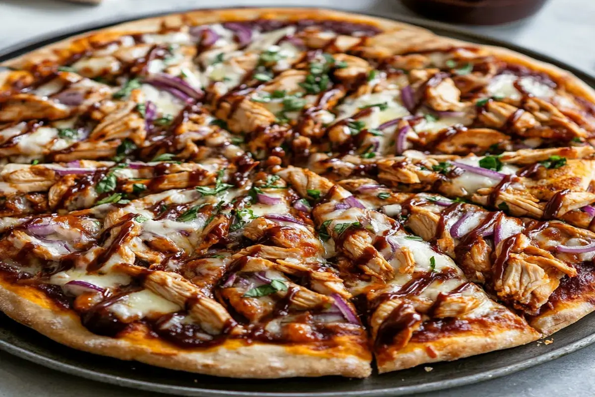 Barbeque chicken pizza topped with grilled chicken, red onions, melted cheese, and fresh herbs on a crispy crust.
