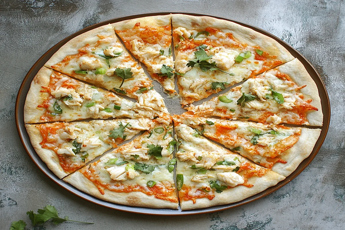 Overhead view of a sliced Crab Rangoon pizza topped with green onions and melted cheese on a plate.