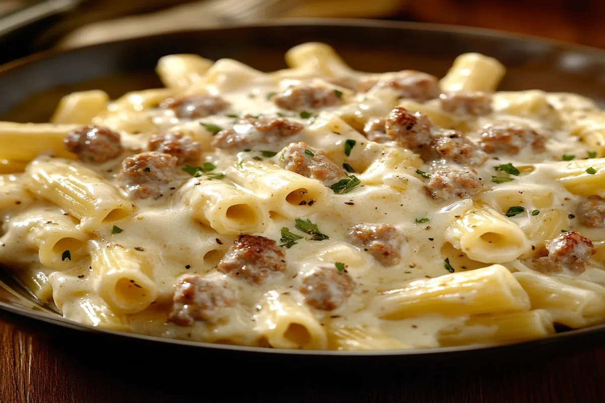 A close-up view of a plate of creamy sausage rigatoni, featuring tube-shaped pasta coated in a rich, white cheese sauce with browned sausage pieces and garnished with fresh herbs.