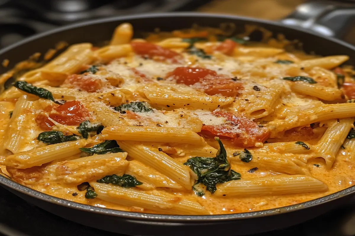 A skillet filled with creamy tomato ricotta pasta, featuring penne pasta, fresh spinach, cherry tomatoes, and a rich, cheesy sauce.