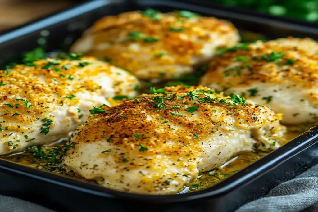 Golden-baked ranch chicken breasts in a metal baking dish, topped with crispy breadcrumbs and garnished with fresh parsley.