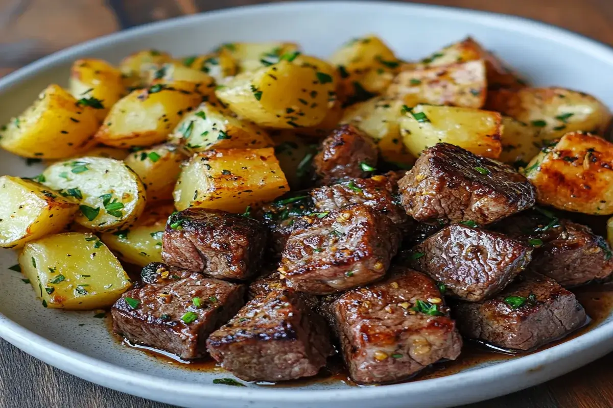 Garlic butter steak bites with golden roasted potatoes garnished with parsley on a white plate.