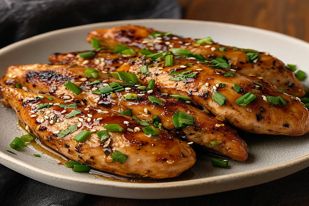 Juicy honey garlic chicken breasts glazed with a sticky sauce, garnished with sesame seeds and chopped green onions on a plate.