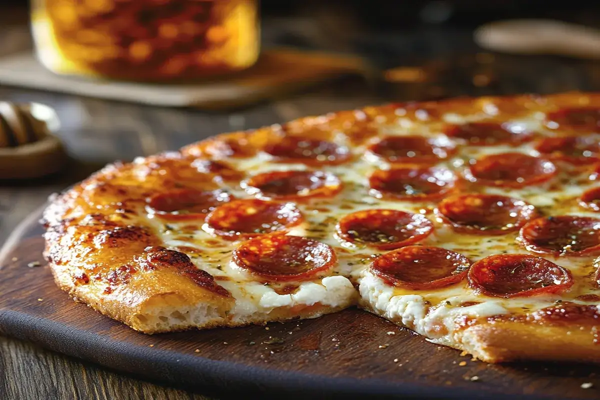Close-up of a hot honey pepperoni ricotta pizza with crispy crust and melted cheese, served on a wooden board.