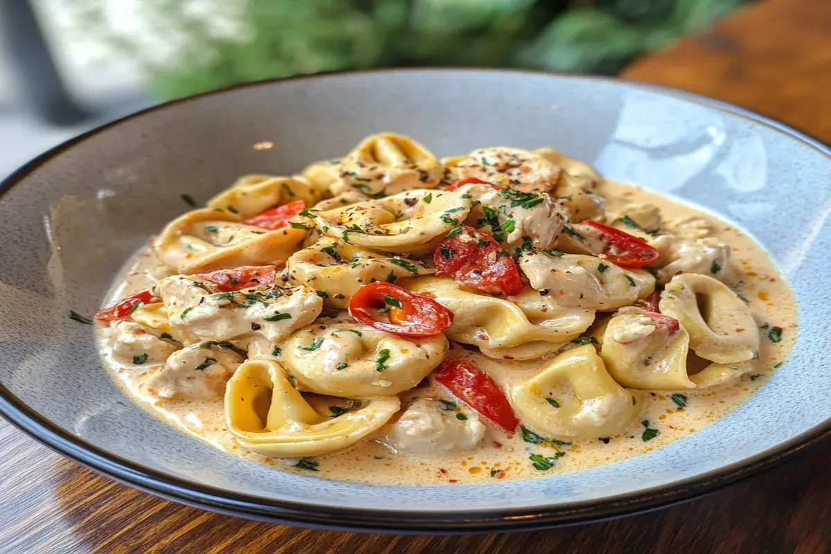 Creamy Marry Me Chicken Tortellini with sliced cherry tomatoes and herbs served in a grey bowl