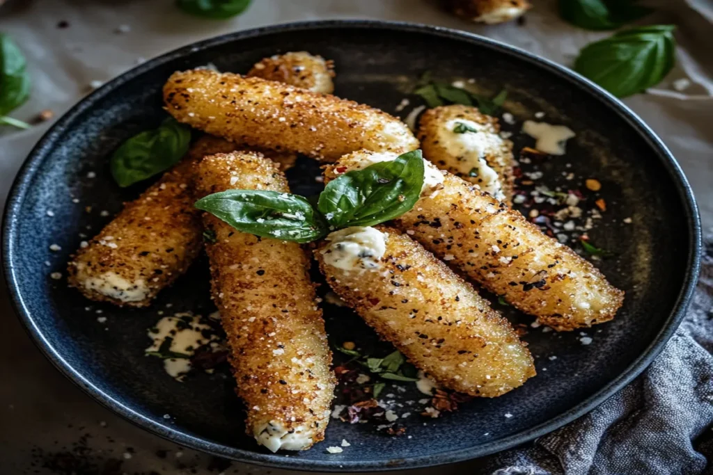 Golden, crispy mozzarella sticks garnished with fresh basil leaves and sprinkled with grated cheese and spices, served on a dark ceramic plate.