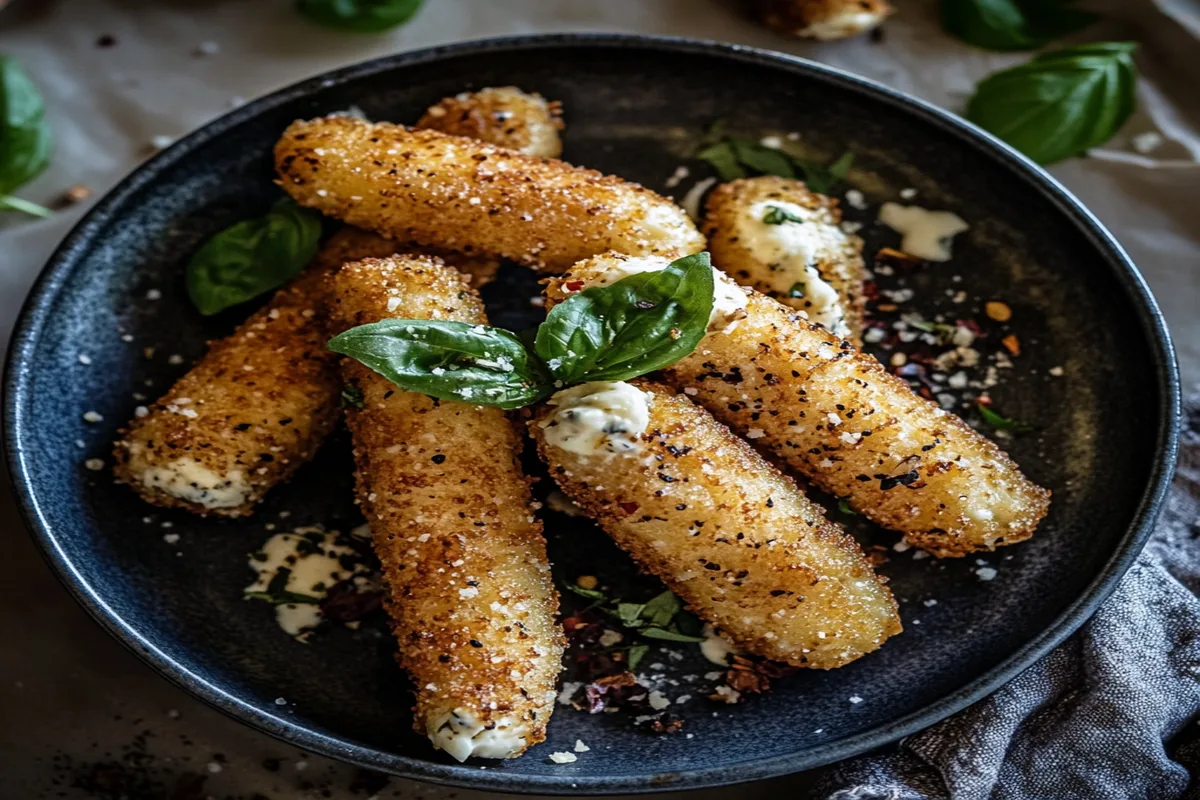 Golden, crispy mozzarella sticks garnished with fresh basil leaves and sprinkled with grated cheese and spices, served on a dark ceramic plate.