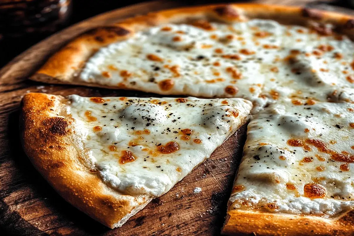 Close-up of a freshly baked white pizza with melted mozzarella cheese and sprinkled herbs on a wooden pizza board.