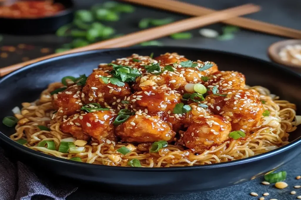 Chicken Chow Meinnon served in a black bowl with crispy chicken, chow mein noodles, green onions, sesame seeds, and fresh herbs