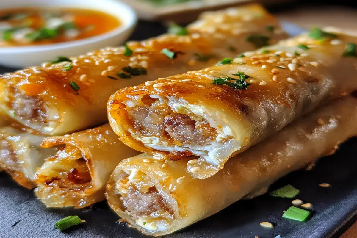 Close-up of crispy sausage and egg rolls topped with sesame seeds and herbs on a dark serving plate.